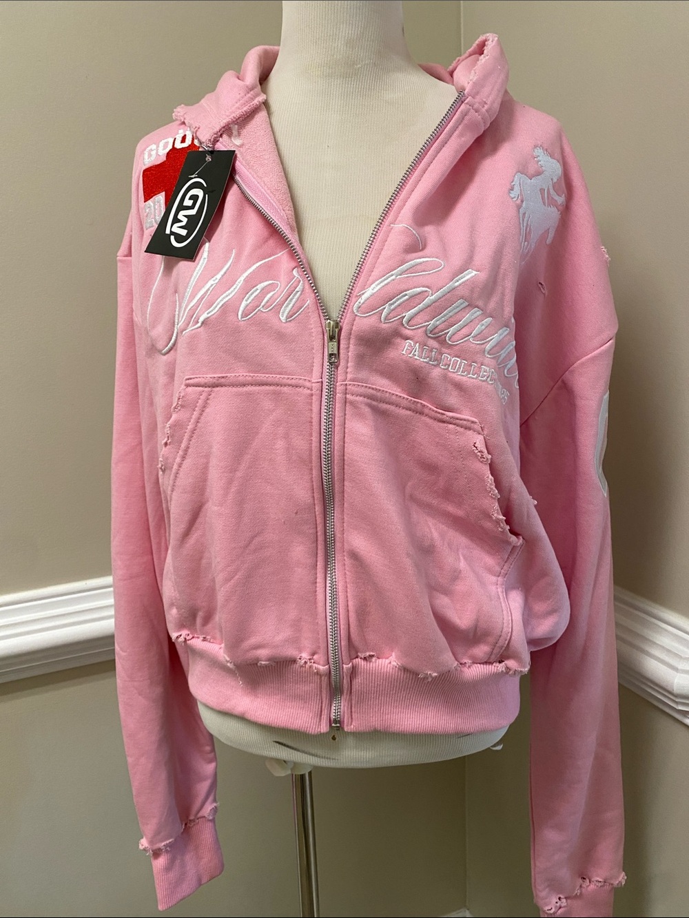 Pink Zip-Up Hoodie Jacket with Embroidered Script